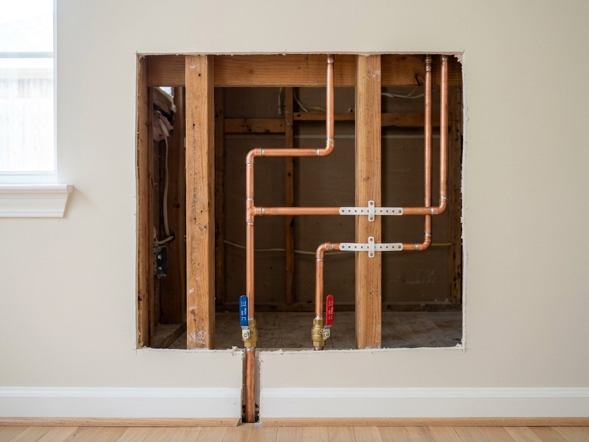 The same wall with new copper pipes and shutoff valves after the repipe