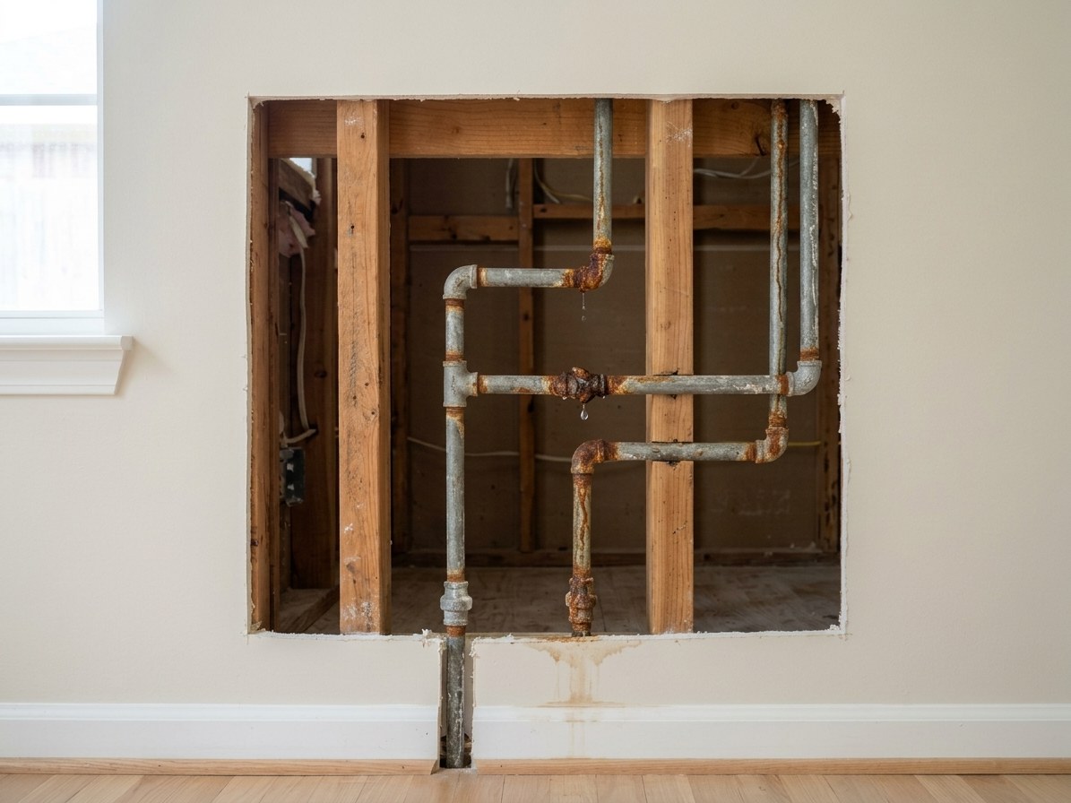 Corroded galvanized pipes inside an opened wall before the repipe